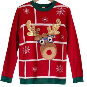 Cute Reindeer with Sequin Antlers and Glasses Ugly Christmas Sweater XXL